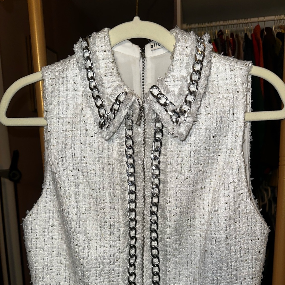 Alice + Olivia White and silver Tweed Dress with Silver Chain Accents